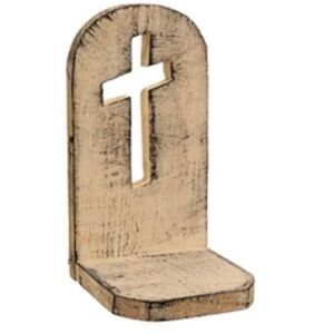 Rustic Cream Wooden Wall Cross Shelf - Religious Home Decor